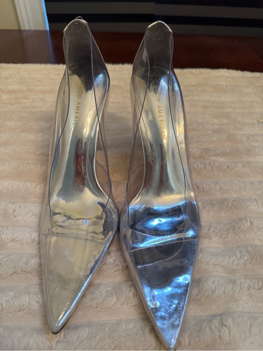 Good American Clear PVC Silver Pointed Toe Stiletto Heels Pumps Women’s 9.5